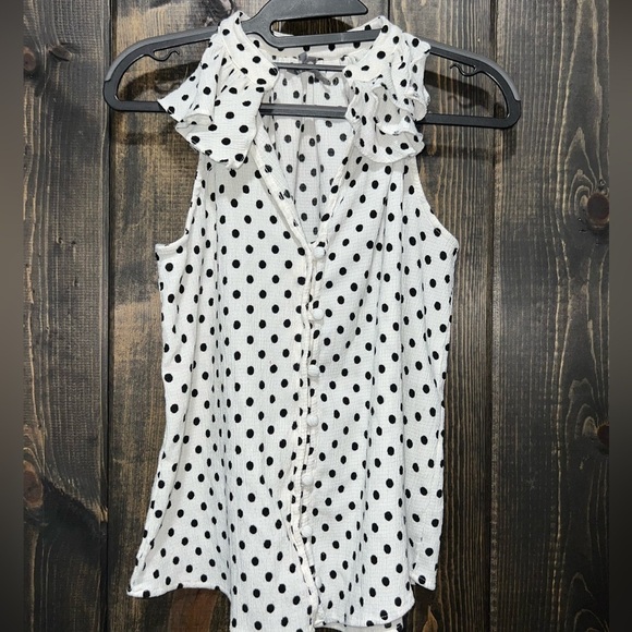 Anthropologie Blouse S Polka Dot White Black Ruffle Neck Button Front Textured - Picture 2 of 7